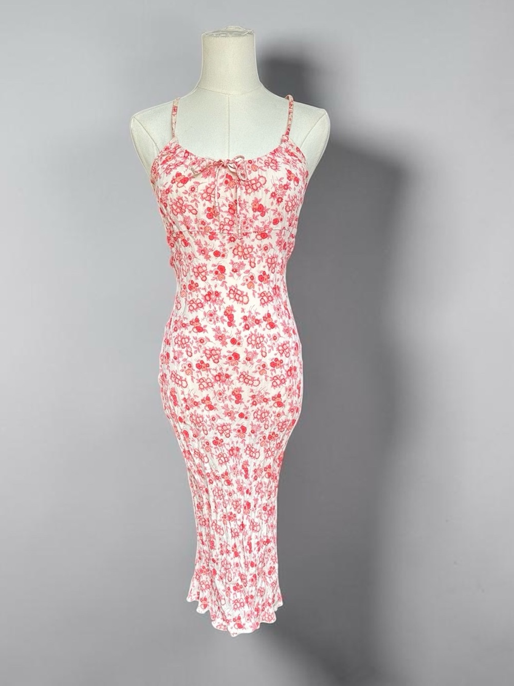 Slim Floral Spaghetti Strap Midi Dress - Pink & White